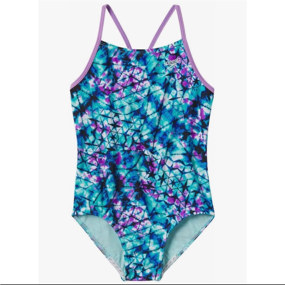 Speedo Big Girls' Tie Dye Blaze Sport Splice One-Piece Swimsuit Size 14 .
